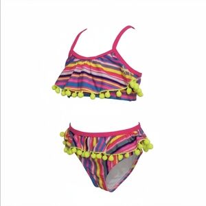 Betsey Johnson ✦ Toddler Neon Pom Pom Striped Two-Piece Swimsuit ✦ UPF 50+ 18M